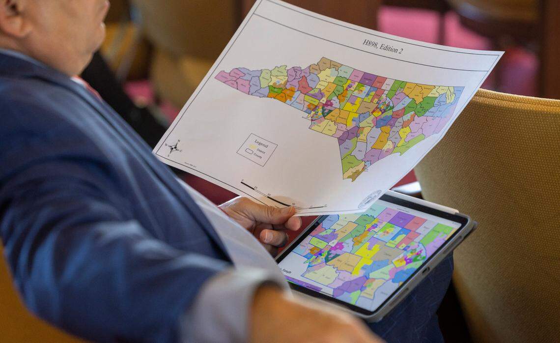 Copies of the latest version of the redistricting map, House Bill 898 Edition 2, were handed out to those in attendance for the the House Rules Committee meeting on Tuesday, October 24, 2023 at the General Assembly in Raleigh, N.C. The committee approved the new version, which will advance the redistricting map to a floor vote.