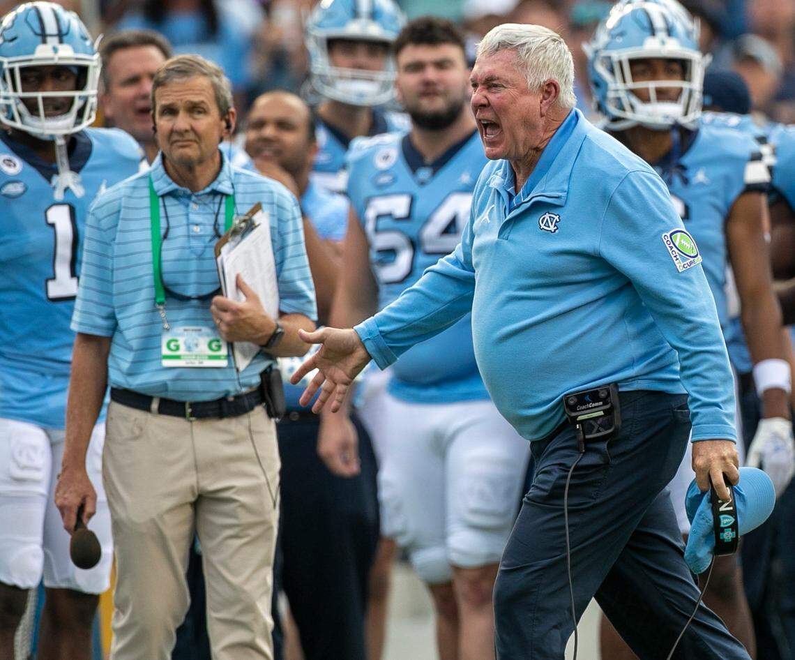 North Carolina coach Mack Brown reacts to a pass interference call against Cedric Gray (33) in the third quarter against Notre Dame on Saturday, September 24, 2022 at Kenan Stadium in Chapel Hill, N.C.