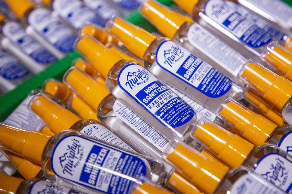 Completed spray bottles that await distribution at the Murphy’s Naturals warehouse would normally contain their normal best-selling product of insect repellent but now contain a hand sanitizer that they have pivoted to produce during the coronavirus pandemic, on Friday, Apr. 10, 2020, in Raleigh, N.C. Some will be donated and some will be available to purchase on their website.