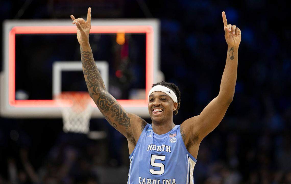 North Carolina’s Armando Bacot (5) reacts as time expires and the Tar Heels secure their 73-66 victory over UCLA on Friday, March 25, 2022 during the NCAA East Regional semi-final at Wells Fargo Center in Philadelphia, Pa.