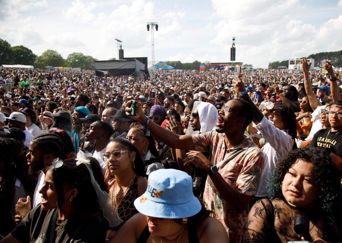 Crowds listen as Bas performs during the fifth Dreamville Festival on Saturday, April 5, 2025, at Dorothea Dix Park in Raleigh, N.C.