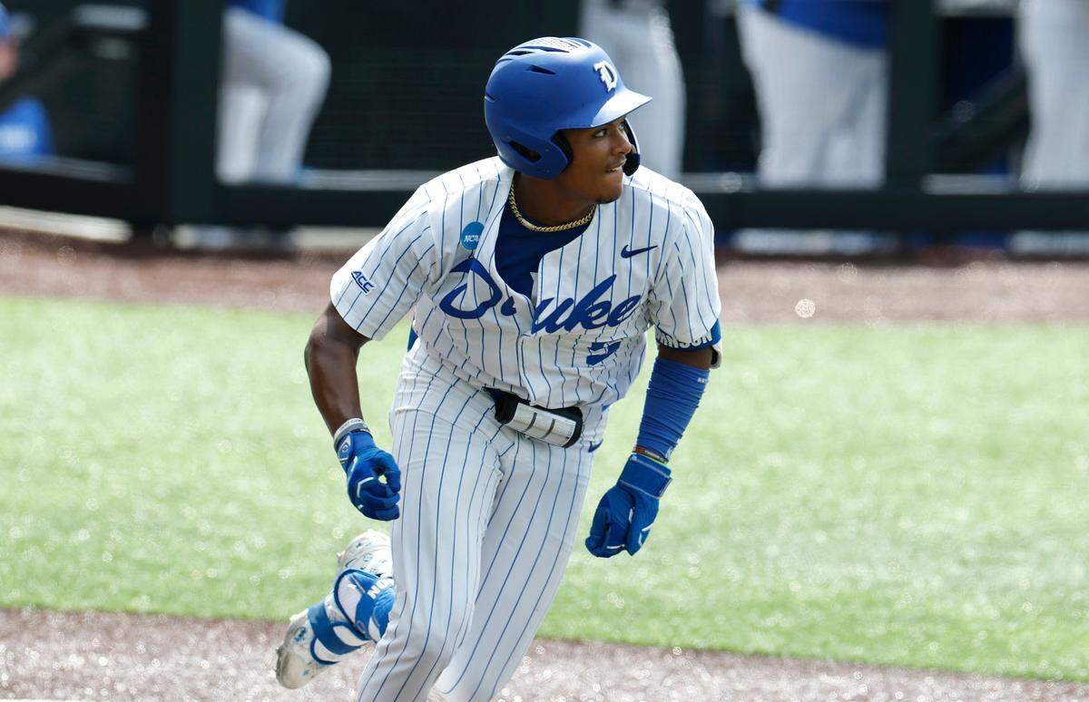 Duke’s Kyle Johnson (5) watches as his ball falls for a double in the bottom of the sixth inning during Duke’s 7-4 victory over Murray St. in the first game of Durham Super Regional at Jack Coombs Field in Durham, N.C., Sat. June 7, 2025.