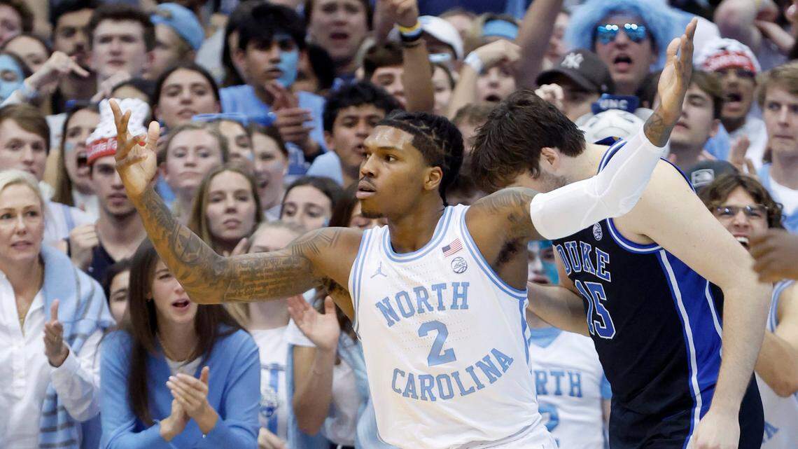 North Carolina’s Caleb Love (2) appeals to the officials saying he was fouled during the second half of Duke’s 62-57 victory over UNC at the Smith Center in Chapel Hill, N.C., Saturday, March 4, 2023.