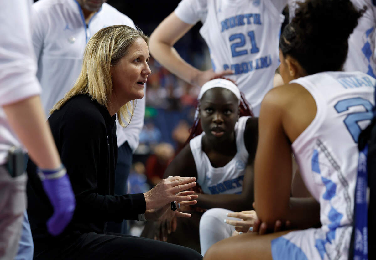 North Carolina head coach Courtney Banghart speaks with her team during a timeout in the second half of the Tar Heels’ 78-71 win over Boston College in the ACC Tournament on Thursday, March 6, 2025, at First Horizon Coliseum in Greensboro, N.C.