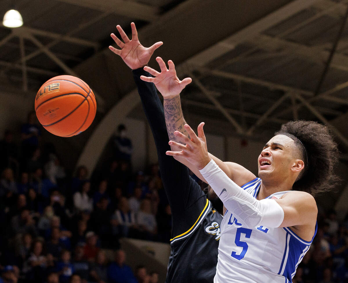 Duke’s Tyrese Proctor reaches for a loose ball during the second half of the Blue Devils’ 95-66 win over La Salle on Tuesday, Nov. 21, 2023, at Cameron Indoor Stadium in Durham, N.C.