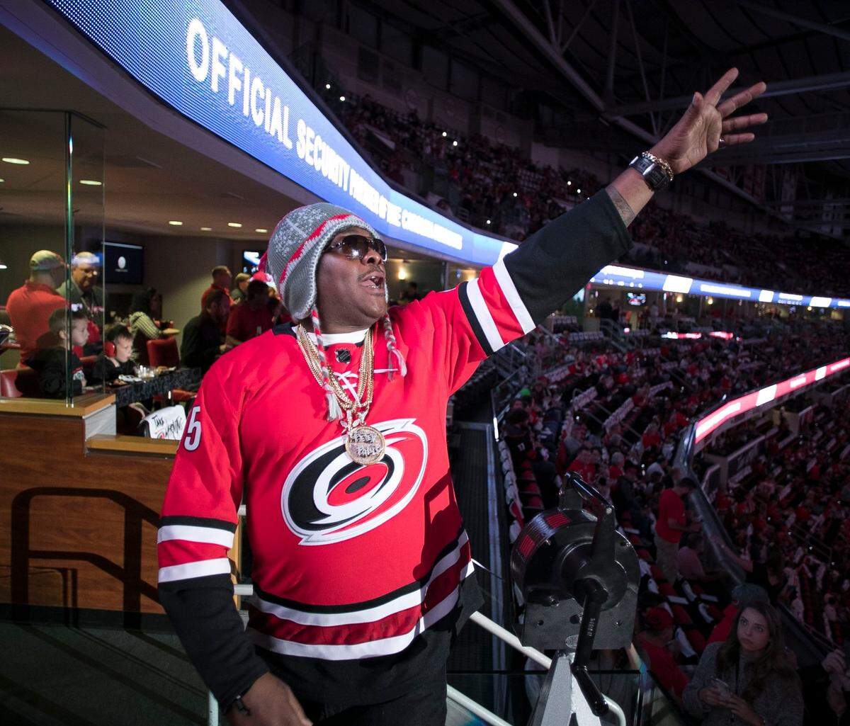 Rapper Petey Pablo sounds the siren prior to the start of the Carolina Hurricanes’ home opener against the New York Islanders in October 2018 at PNC Arena in Raleigh, N.C.