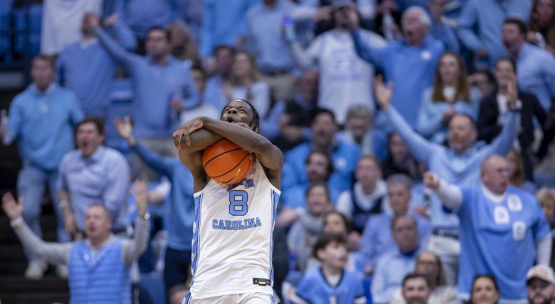North Carolina forward Caleb Wilson (8) reacts as Seth Trimble is called for a foul early in the second half against Duke on Saturday, February 7, 2026 at the Smith Center in Chapel Hill, N.C.