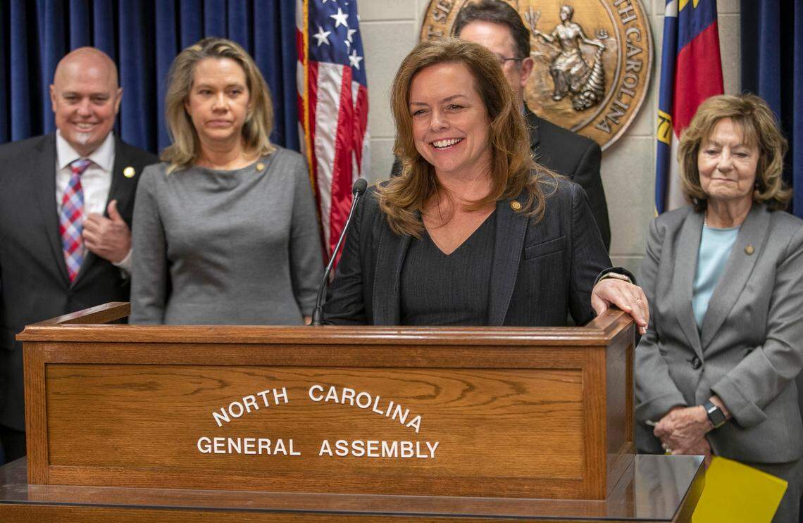 Sen. Vickie Sawyer speaks in support of the Fairness in Women’s Sports Act on Thursday, April 6, 2023 at the North Carolina General Assembly in Raleigh, N.C.