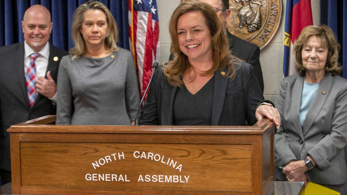 Sen. Vickie Sawyer speaks in favor of the Fairness in Women’s Sports Act on Thursday, April 6, 2023 at the North Carolina General Assembly in Raleigh, N.C.