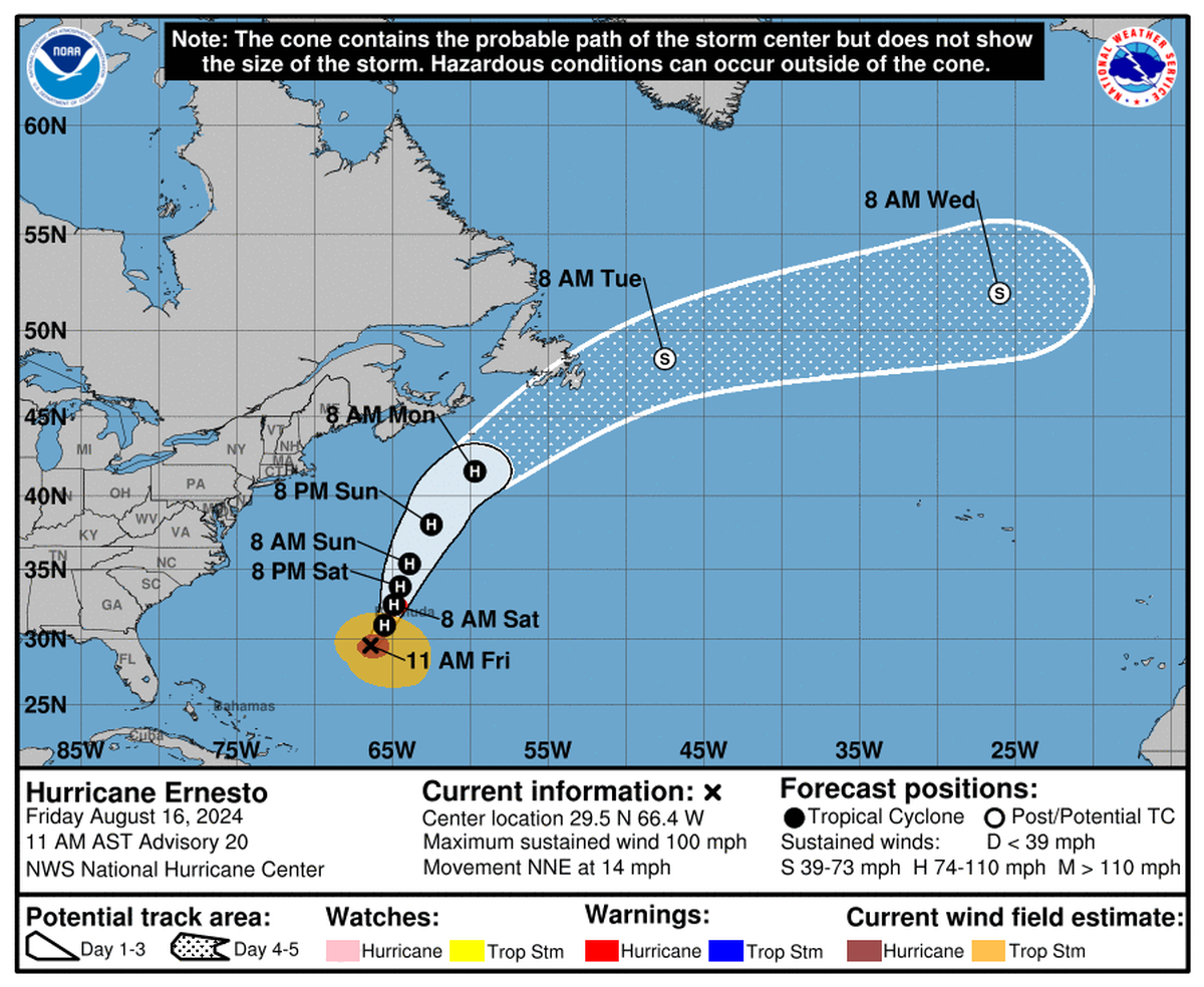 Hurricane Ernesto is expected to pass over or near Bermuda on Saturday, but will cause large swells and dangerous rip currents along the East Coast, including at North Carolina beaches, through the weekend.