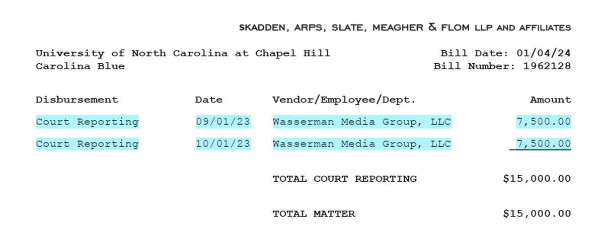 One of the bills the Skadden, Arps, Slate, Meagher & Flom law firm submitted to UNC that paid Wasserman Media Group for “court reporting.”