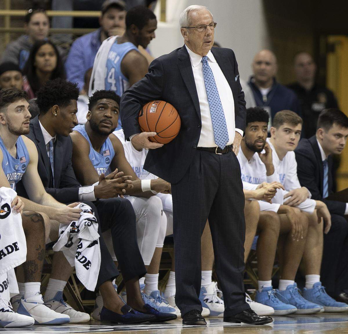 North Carolina coach Roy Williams tucks the ball under his after after a turnover against Pitt during the first half on Saturday, January 5, 2019 at Peterson Events Center in Pittsburgh, Pa.