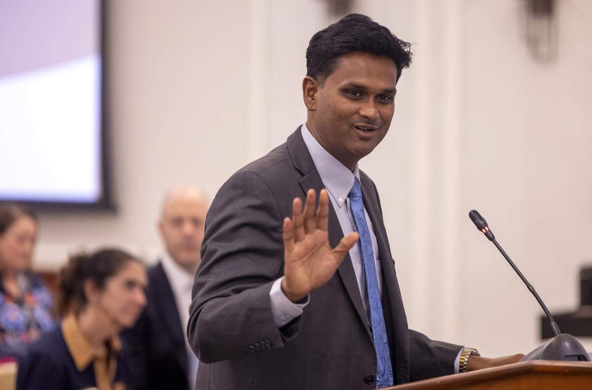 Vijay Nandakumar delivers a presentation to the UNC Board of Trustees for a proposed multi-use stadium facility at UNC’s Carolina North campus aimed at cricket,  during their meeting on Tuesday, July 30, 2025 in Chapel Hill, N.C.