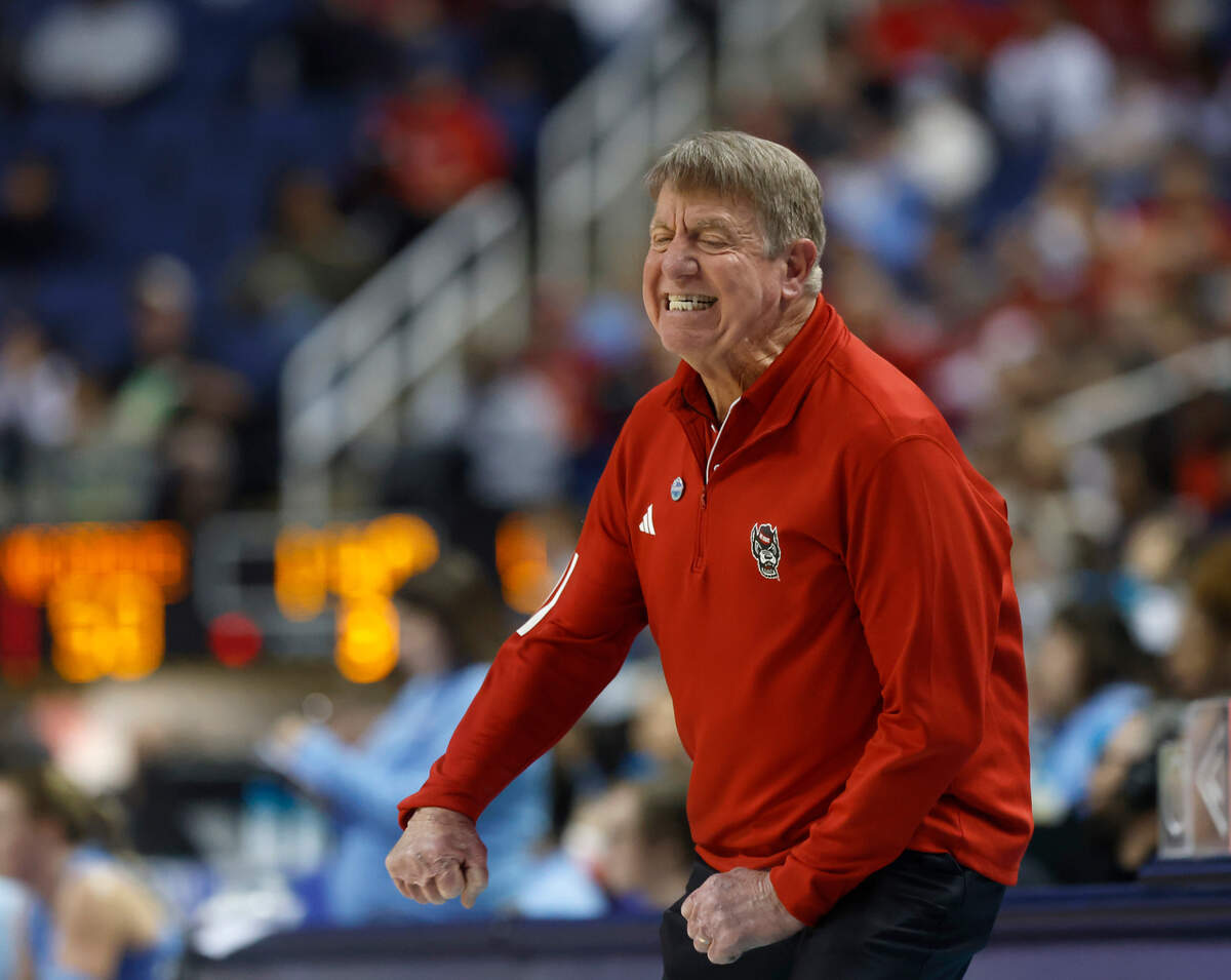 N.C. State head coach Wes Moore reacts to a foul call during the second half of the Wolfpack’s 66-55 win over North Carolina in the ACC Tournament semifinals on Saturday, March 8, 2025, at First Horizon Coliseum in Greensboro, N.C.