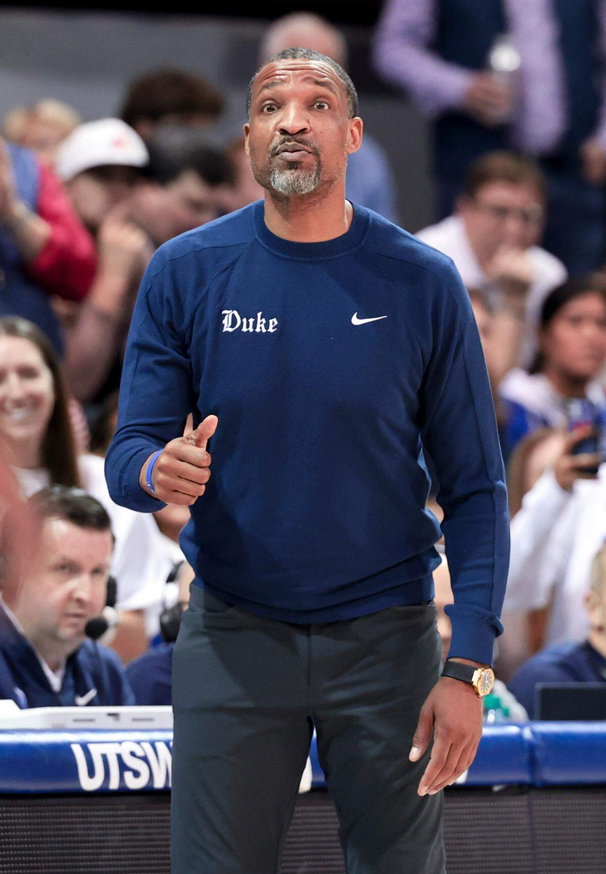 Duke Blue Devils associate head coach Chris Carrawell reacts during the first half against the Southern Methodist Mustangs at Moody Coliseum.