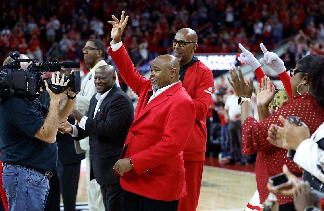 Sidney Lowe, a member of the N.C. State 1983 national championship team and former Wolfpack head coach, is recognized during a celebration of the 83 team at halftime during the Wolfpack’s game against Wake Forest at PNC Arena in Raleigh, N.C., Wednesday, Feb. 22, 2023.