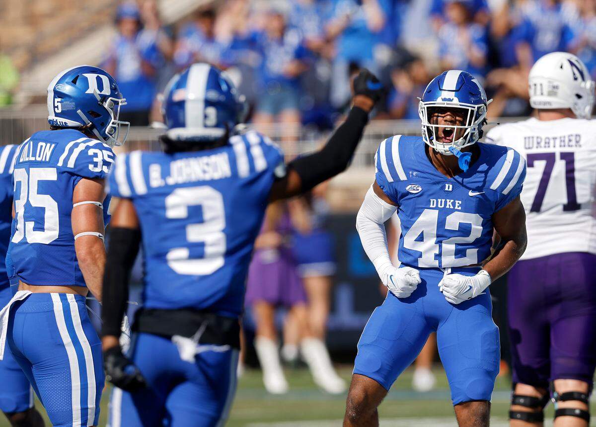 Duke’s Kendall Johnson (42) celebrates after a play during the first half of the Blue Devils’ game against Northwestern on Saturday, Sept. 16, 2023, at Wallace Wade Stadium in Durham, N.C.