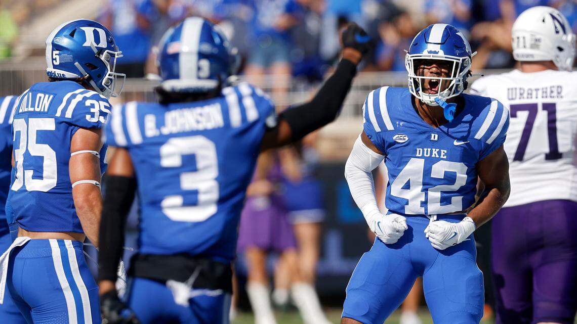 Duke’s Kendall Johnson (42) celebrates after a play during the first half of the Blue Devils’ game against Northwestern on Saturday, Sept. 16, 2023, at Wallace Wade Stadium in Durham, N.C.