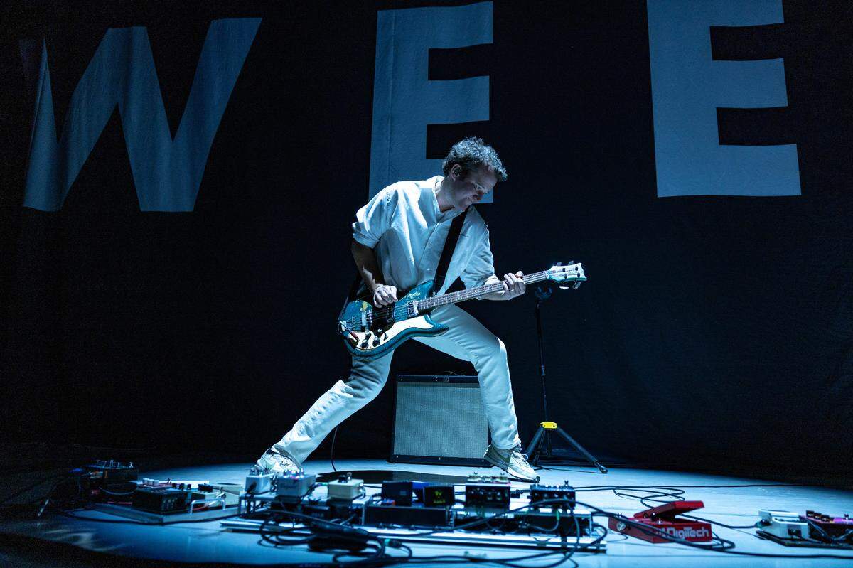 Vampire Weekend’s Chris Bail in concert at Raleigh, N.C.’s Red Hat Amphitheater, Wednesday night, Oct. 9, 2024.