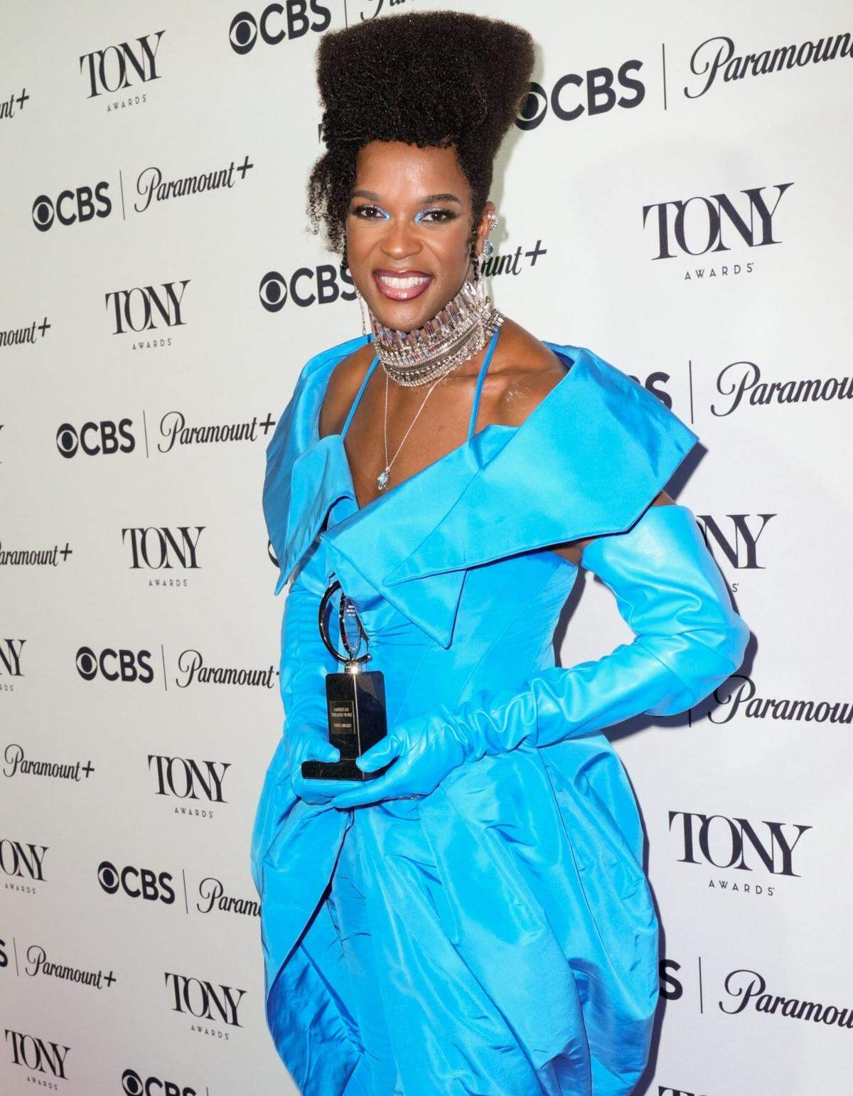 J. Harrison Ghee poses with the award for best performance by an actor in a leading role in a musical for “Some Like It Hot” in the press room for the 76th Annual Tony Awards at the Radio Hotel in New York City on Sunday, June 11, 2023.
