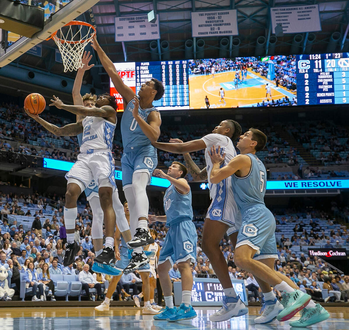 North Carolina’s Caleb Love (2) puts up a shot against The Citadel’s Jackson Price (0) in the first half on Tuesday, December 13, 2022 at the Smith Center in Chapel Hill, N.C.