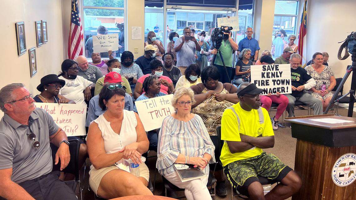 The Kenly Town Council chambers are filled before a Town Council emergency session in Kenly, N.C. Friday, July 22, 2022. The session is in response to the abrupt resignation of the police chief, four officers, and two administrators.
