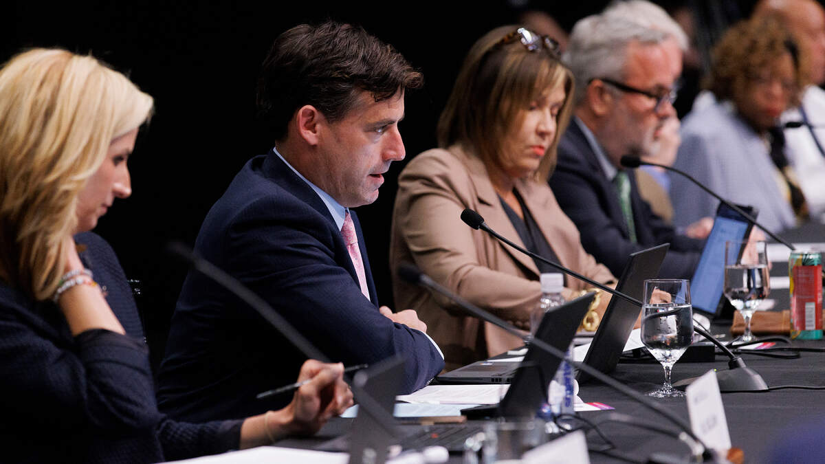 Andrew Tripp, General Counsel for the UNC System, speaks during a meeting of the UNC System Board of Governors’ University Governance committee on Wednesday, April 17, 2024, in Winston-Salem, N.C.