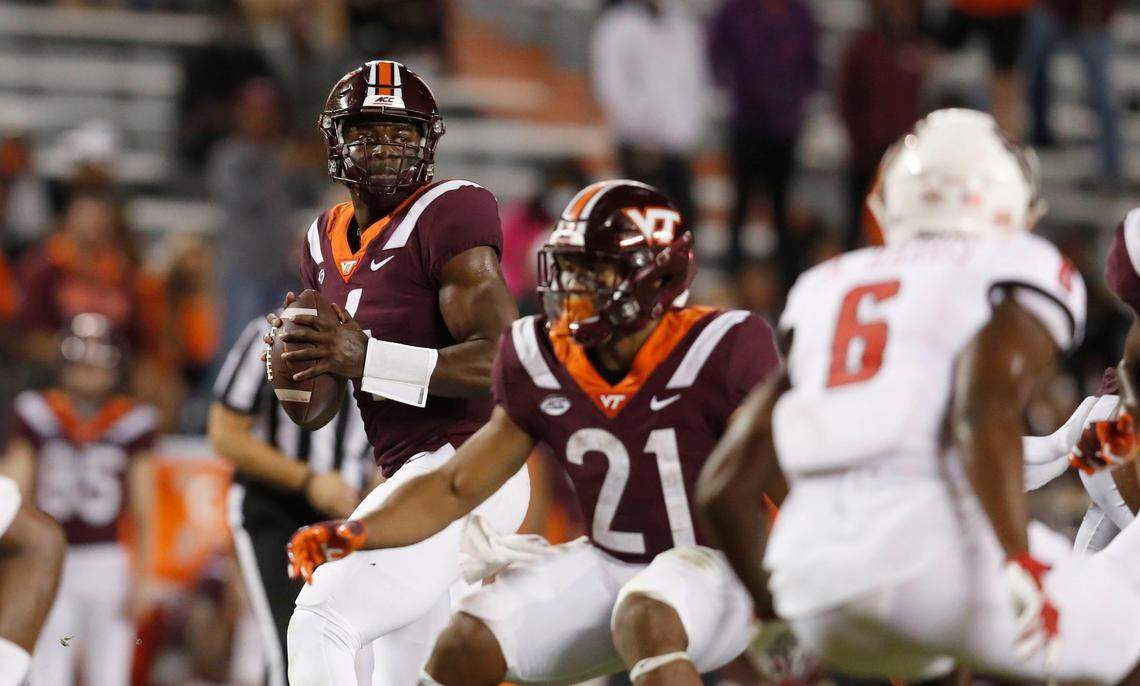 Virginia Tech quarterback Quincy Patterson II (4) looks to pass during the first half of N.C. State’s game against Virginia Tech at Lane Stadium in Blacksburg, VA Saturday, Sept. 26, 2020.