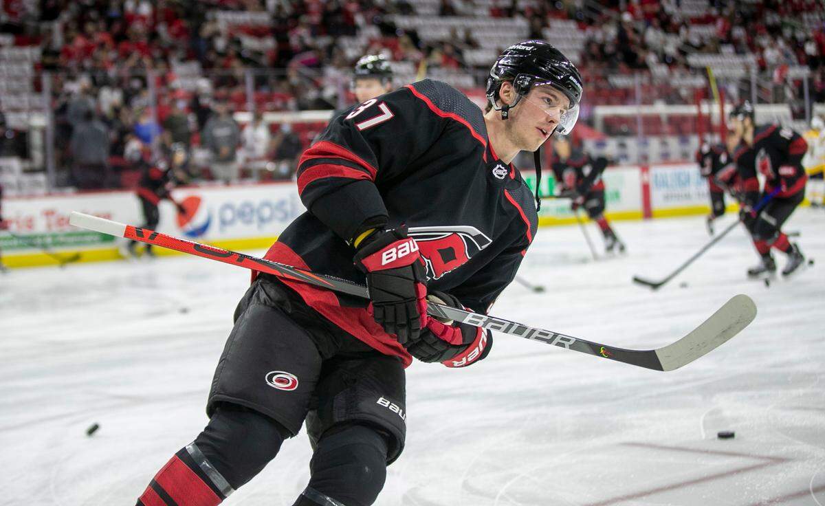 Carolina Hurricanes’ Andrei Svechnikov (37) skates during a pre-game warm up prior to the Hurricanes’ game against Nashville on Wednesday, May 19, 2021 at PNC Arena in Raleigh, N.C.
