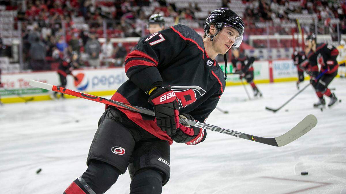 Carolina Hurricanes’ Andrei Svechnikov (37) skates during a pre-game warm up prior to the Hurricanes’ game against Nashville on Wednesday, May 19, 2021 at PNC Arena in Raleigh, N.C.