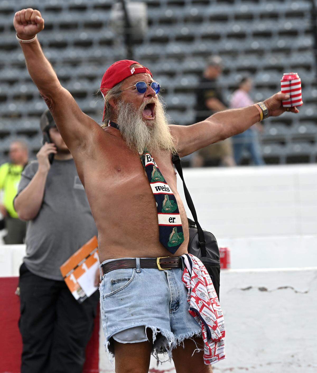 Rick “Otis” Norman yells while visiting North Wilkesboro Speedway on Wednesday, May 10, 2023. The speedway held an open house for fans to see the new renovations to the track. North Wilkesboro Speedway will host the NASCAR All-Star race on Sunday, May 21, 2023. The last race run at the speedway was in 1996.