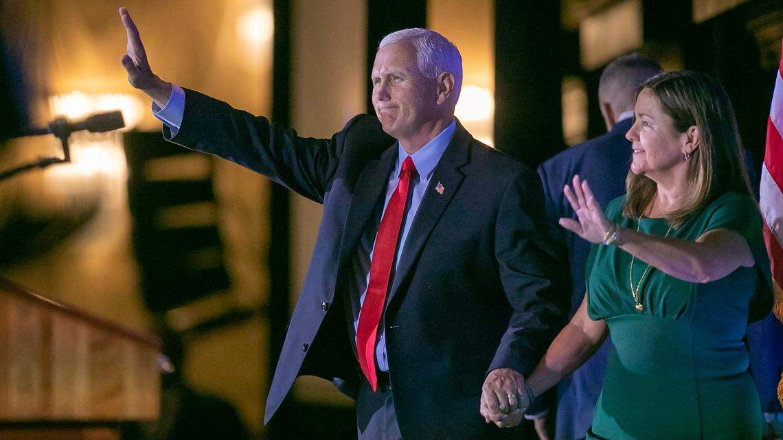 Former Vice President Mike Pence and his wife Karen Pence take the stage for his address to the North Carolina Republican Party Convention at the Koury Convention Center on Saturday, June 10, 2023 in Greensboro, N.C.