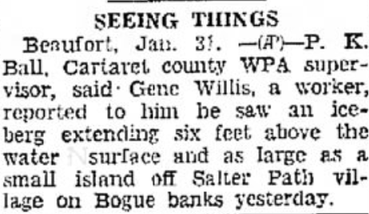 A skeptical headline in Burlington above news of an iceberg sighted off the coast of Carteret County.