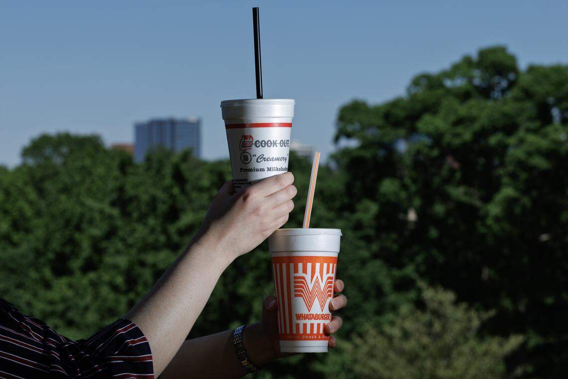 Banana Pudding milkshakes from Cook Out and Whataburger are pictured on Monday, April 27, 2026, in Raleigh, N.C.