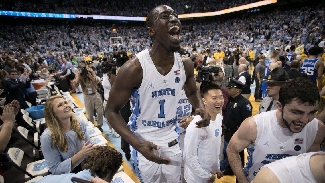 North Carolina’s Theo Pinson (1) celebrates the Tar Heels 82-78 victory over Duke on Thursday, February 8, 2018 at the Smith Center in Chapel Hill, N.C.