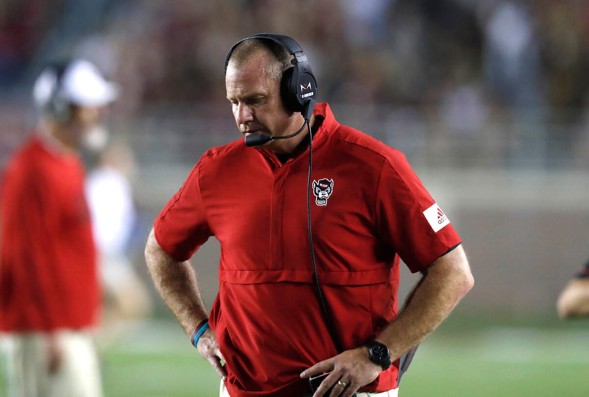 N.C. State head coach Dave Doeren walks on the sidelines during a timeout during the second half of Florida State’s 31-13 victory over N.C. State at Doak Campbell Stadium in Tallahassee, Fla., Saturday, Sept. 28, 2019.