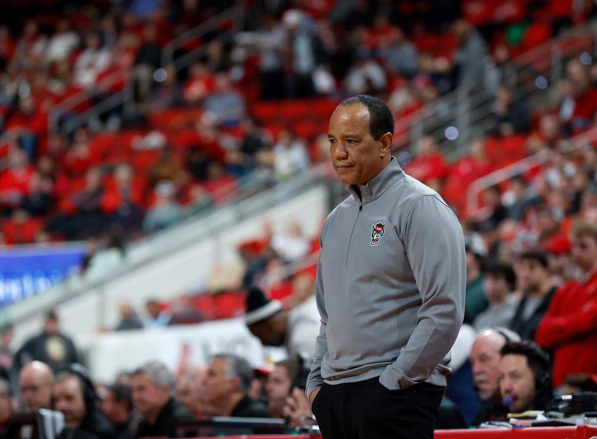 N.C. State head coach Kevin Keatts reacts during the second half of the Wolfpack’s 91-66 loss to Louisville on Wednesday, Feb. 12, 2025, at Lenovo Center in Raleigh, N.C.