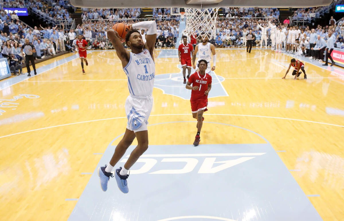 North Carolina’s Leaky Black (1) heads to slam in two during UNC’s 80-69 victory over N.C. State at the Smith Center in Chapel Hill, N.C., Saturday, Jan. 21, 2023.