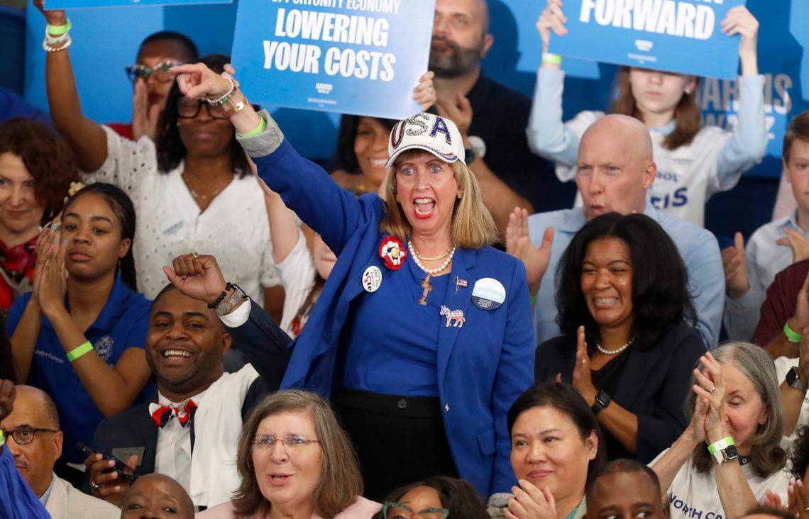 Supporters cheer as Vice President and Democratic nominee for president Kamala Harris reacts to the crowd while speaking at Wake Tech Community College’s North Campus in Raleigh, N.C., Friday, August 16, 2024.