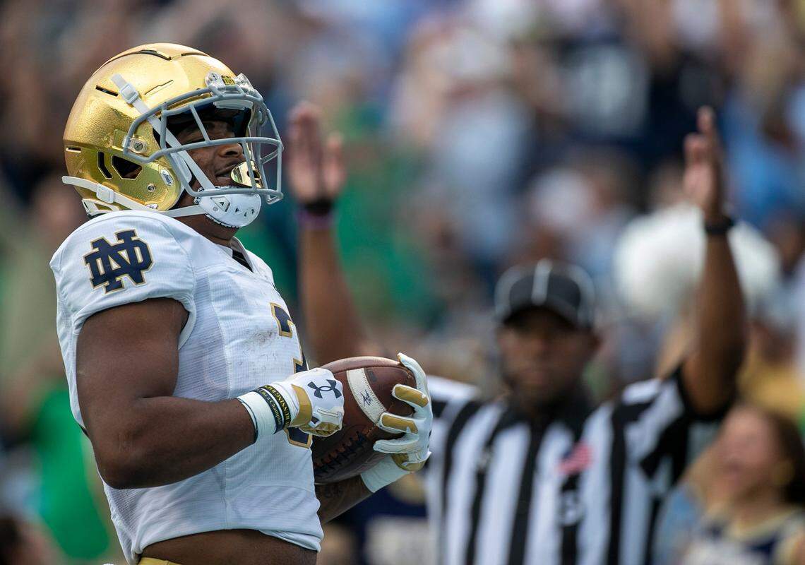 Notre Dame’s Logan Driggs (3) scores on a 29-yard pass from quarterback Drew Pyne in the third quarter to take a 31-14 lead over North Carolina on Saturday, September 24, 2022 at Kenan Stadium in Chapel Hill, N.C.