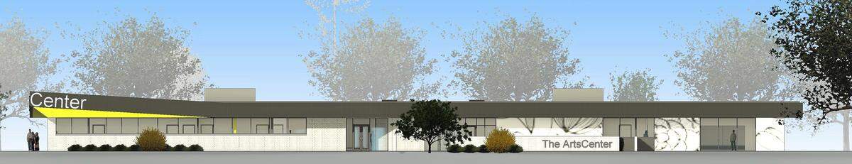 A preliminary rendering of The ArtsCenter’s proposed new home is seen from the right of way of Sweet Bay Place in downtown Carrboro. Plans for the new arts center could be submitted in late January 2022.