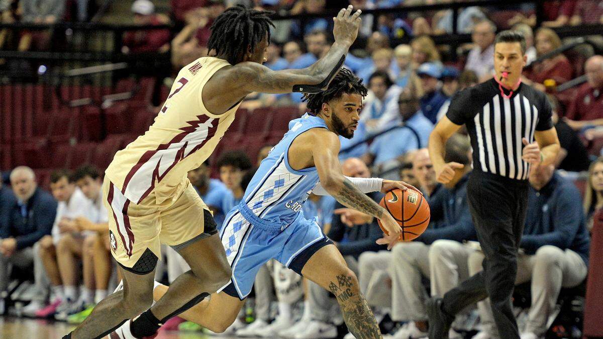 Jan 27, 2024; Tallahassee, Florida, USA; North Carolina Tar Heels guard RJ Davis (4) drives the ball up the court during the first half against the Florida State Seminoles at Donald L. Tucker Center. Mandatory Credit: Melina Myers-USA TODAY Sports