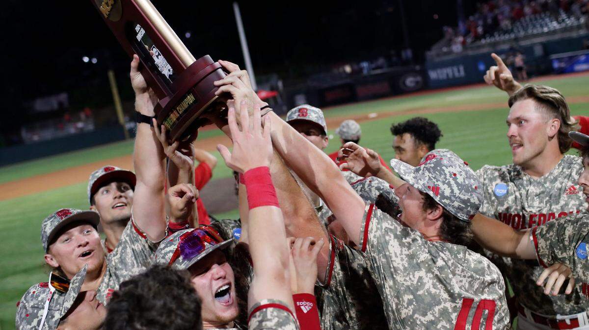 NC State celebrates after winning Game 3 of the Super NCAA Regional against Georgia at Foley Field on Monday, June 10, 2024 in Athens, Ga.