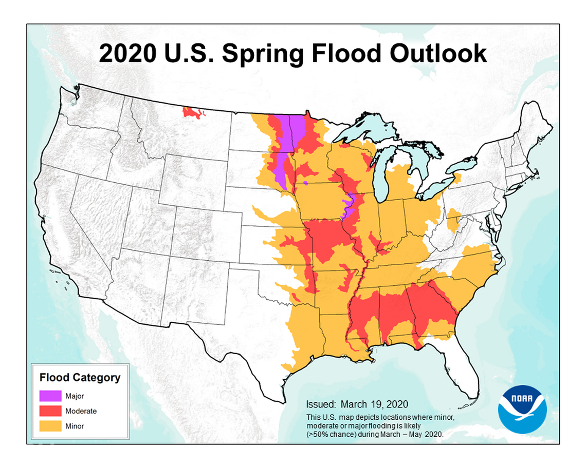 Rain and saturated soil could lead to flooding in some parts of the United States this spring, forecasters say.