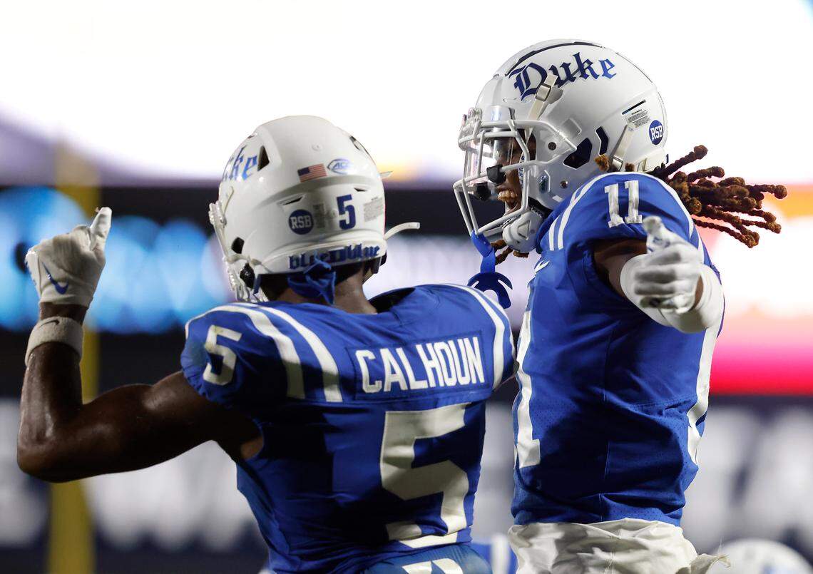 Duke’s Jalon Calhoun and Mehki Wall celebrate following a two-point conversion during the second half of the Blue Devils’ 28-7 win over Clemson on Monday, Sept. 4, 2023, at Wallace Wade Stadium in Durham, N.C.