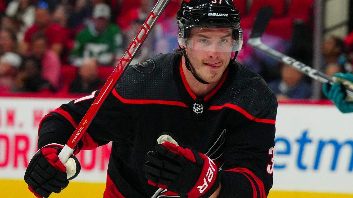 Oct 27, 2023; Raleigh, North Carolina, USA; Carolina Hurricanes right wing Andrei Svechnikov (37) skates against the San Jose Sharks during the first period at PNC Arena. Mandatory Credit: James Guillory-USA TODAY Sports