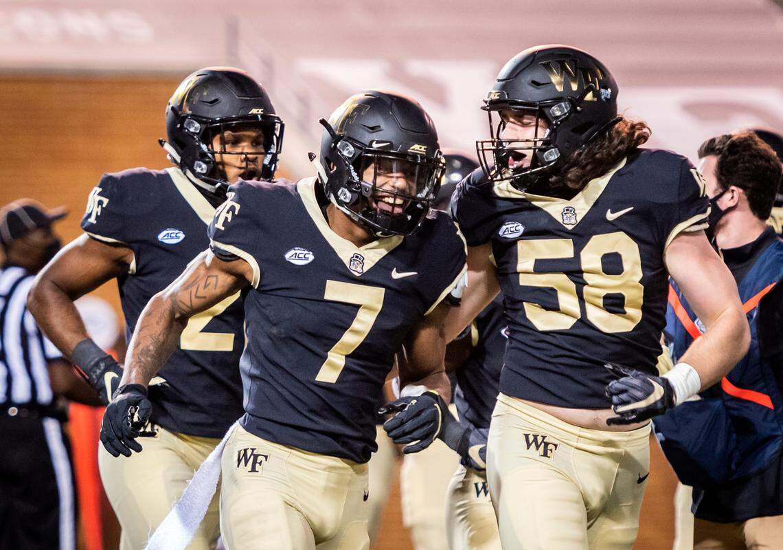 Wake Forest freshman wide receiver Donavon Greene (7) celebrates after returning a kickoff for a touchdown on Friday, Oct. 2, 2020 at Truist Field in Winston-Salem, N.C. (Winston-Salem Journal/Andrew Dye) 100320-wsj-spt-wakefootball