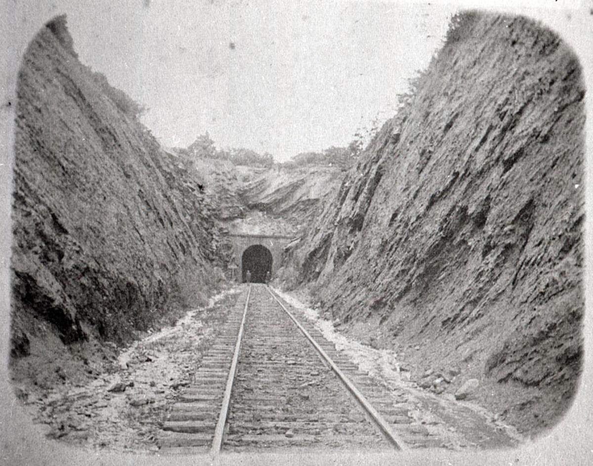 An undated photo of the entrance to Swannanoa Tunnel, from an album belonging to Gertrude Sprague of Black Mountain and stored at the Swannanoa Valley Historical Museum.