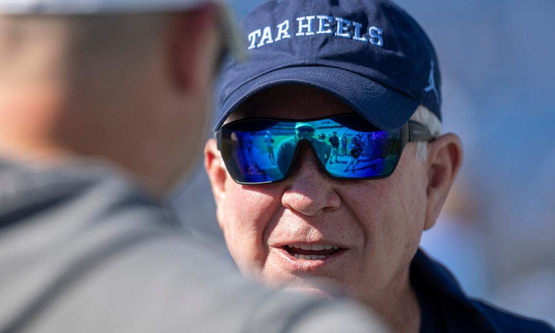 Georgia Tech head coach Brent Key talks with North Carolina coach Mack Brown prior to their game on Saturday, October 12, 2024 at Kenan Stadium in Chapel Hill, N.C.