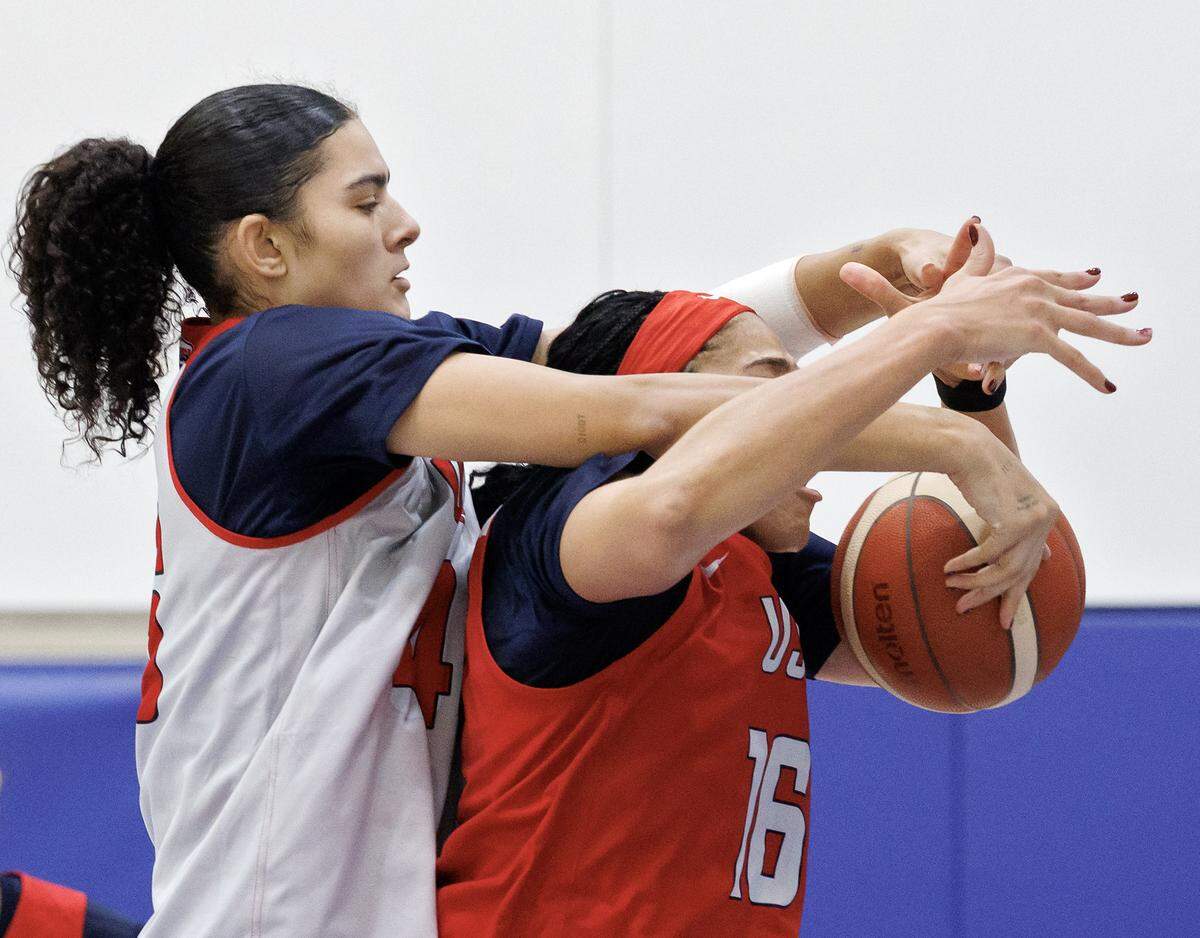 Lauren Betts battles Brionna Jones for a rebound during USA Basketball Women’s National Team training camp on Friday, Dec. 12, 2025, in Durham, N.C.